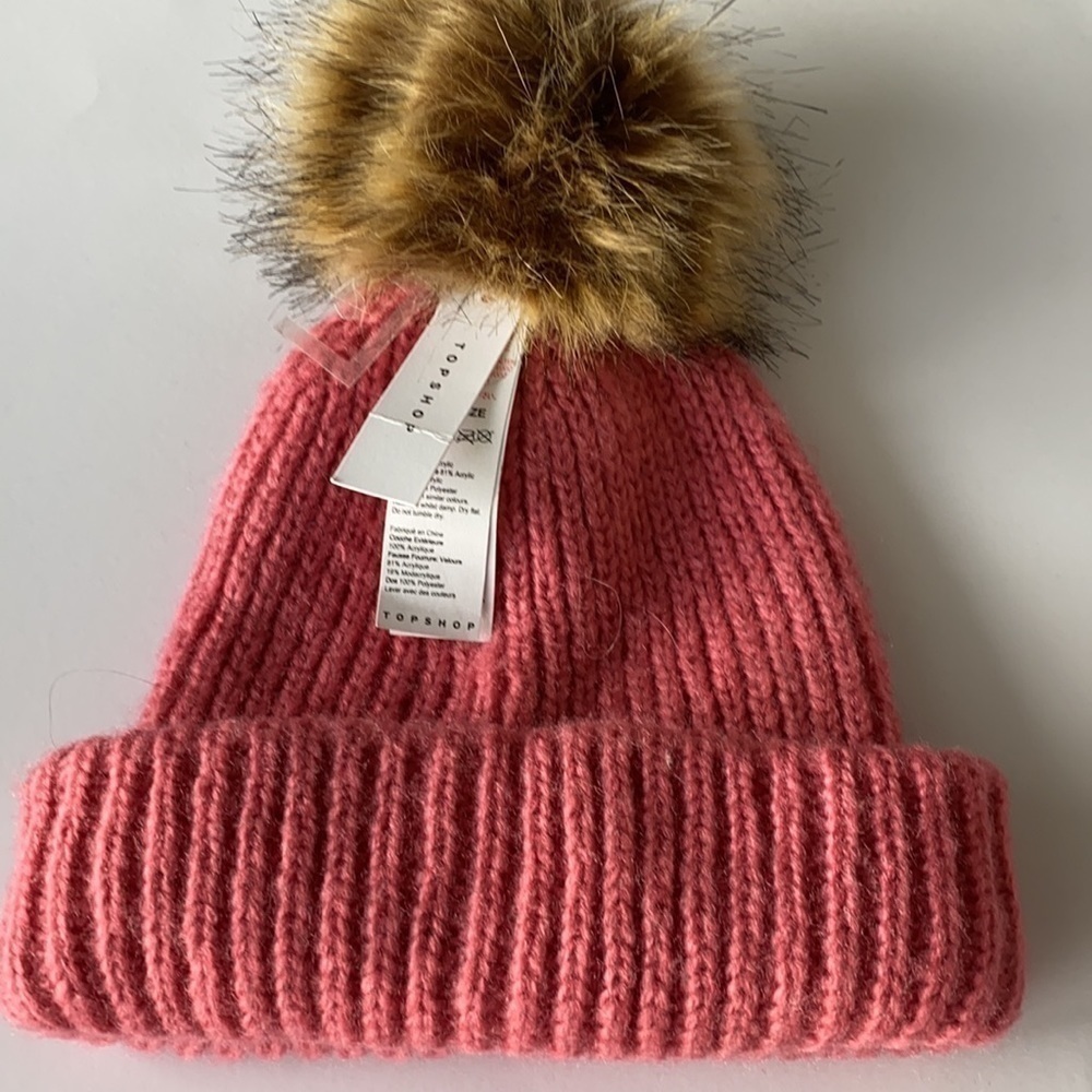 Barbie pink hat knit beanie faux fur pom pom keep warm or Great Gift NWT
